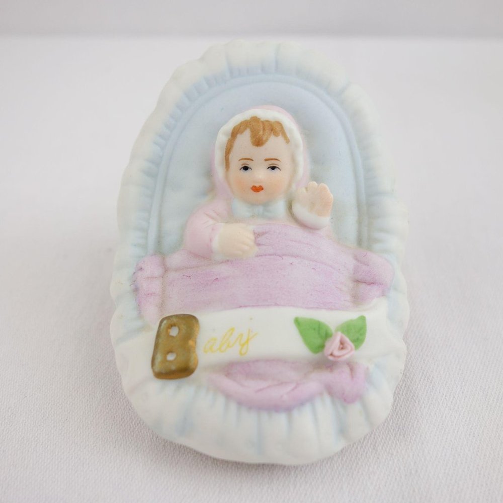 Vintage 1987 Enesco Baby in Pink in Bassinet Ceramic Figurine